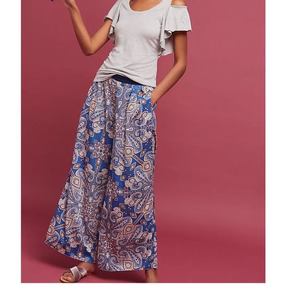 elevenses Pants - Anthropologie Elevenses Ines Wide Leg Pants Size Medium Pockets Blue Paisley
